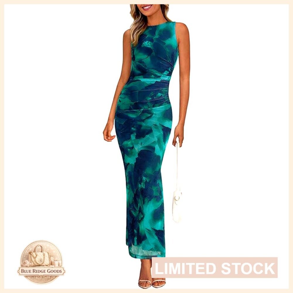 Sleeveless Bodycon Maxi Dress Ruched Mesh Floral Elegant Wedding Guest